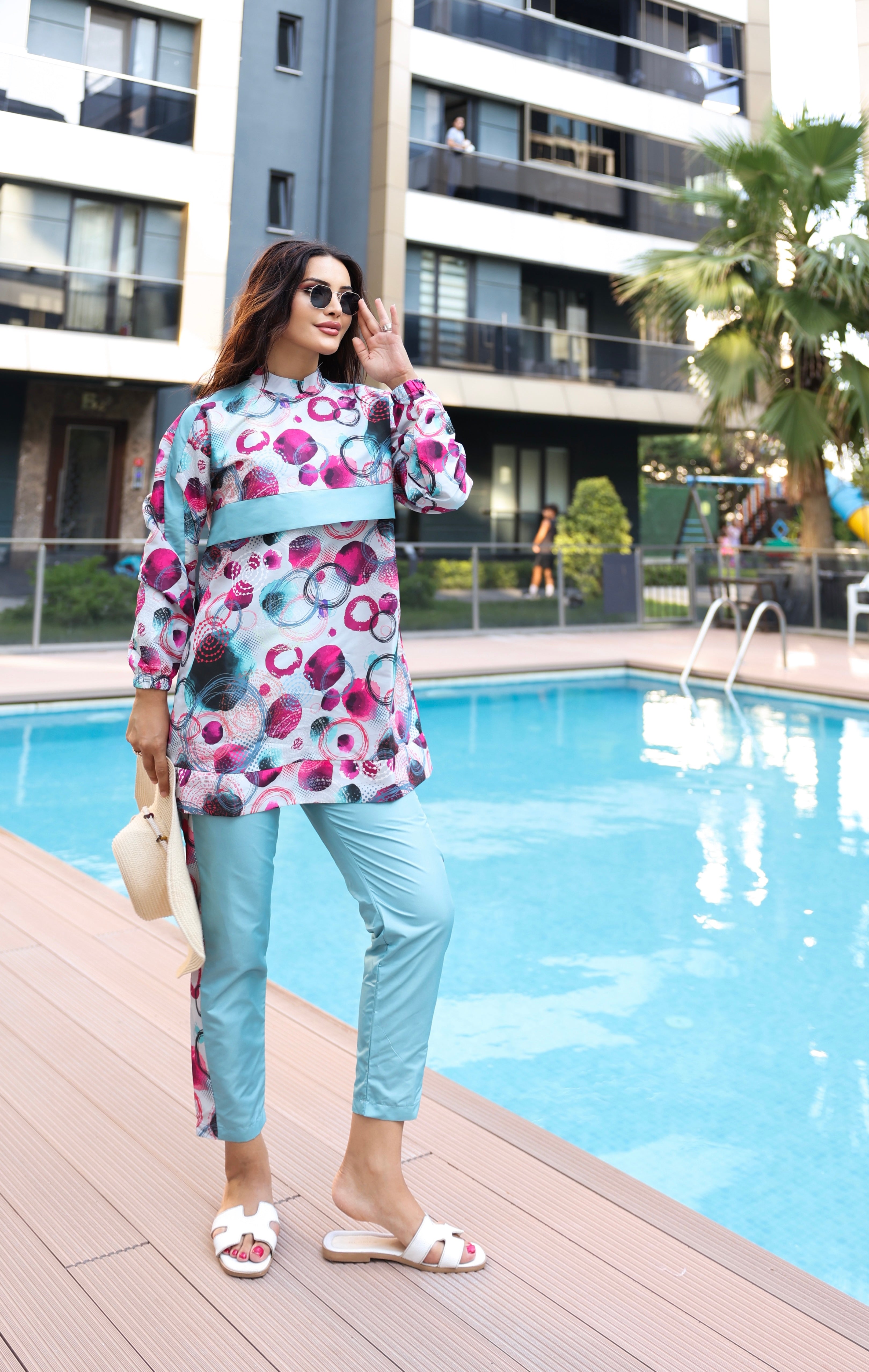 Desenli Tam Kapalı Tesettür Mayo Haşema