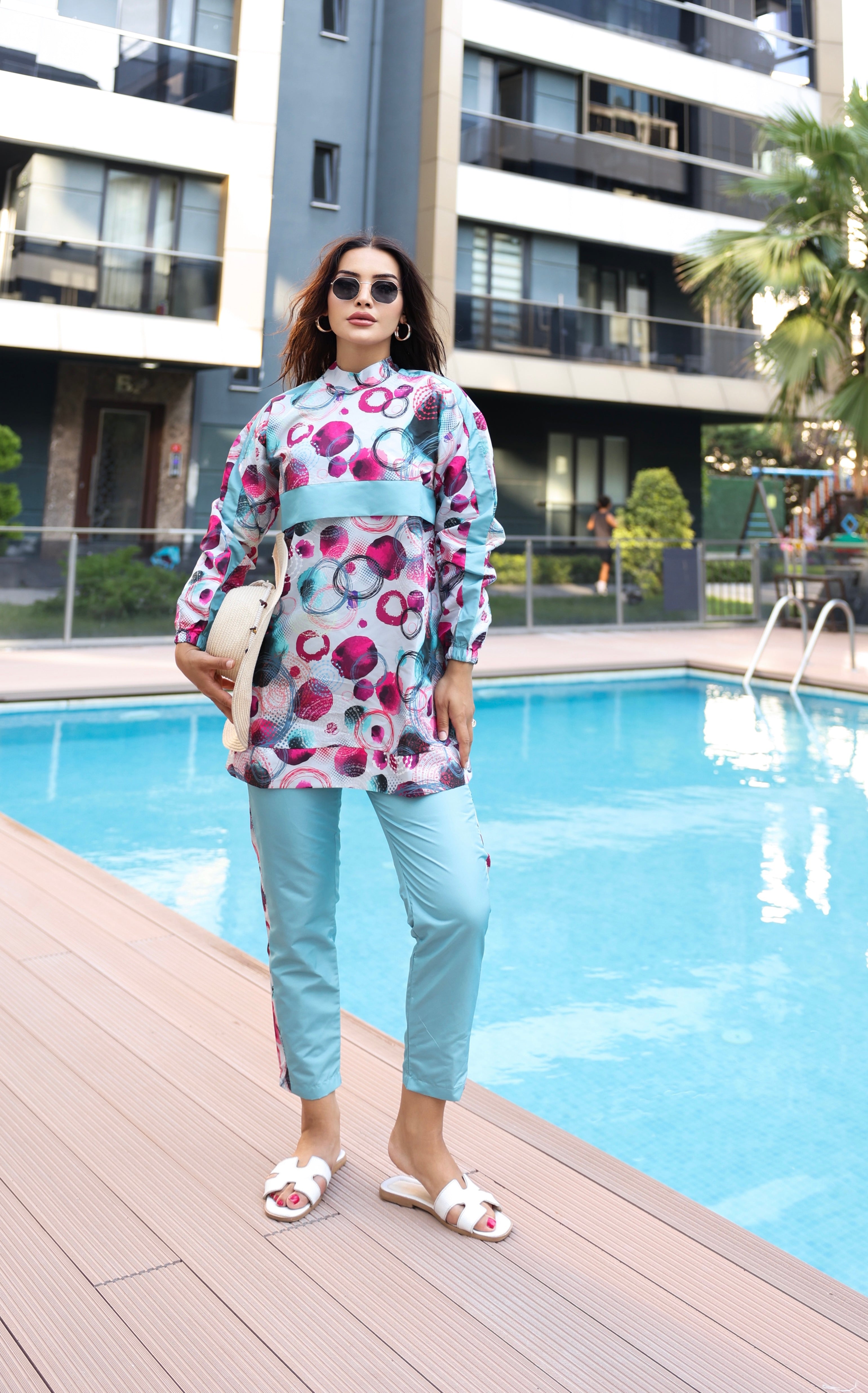 Desenli Tam Kapalı Tesettür Mayo Haşema