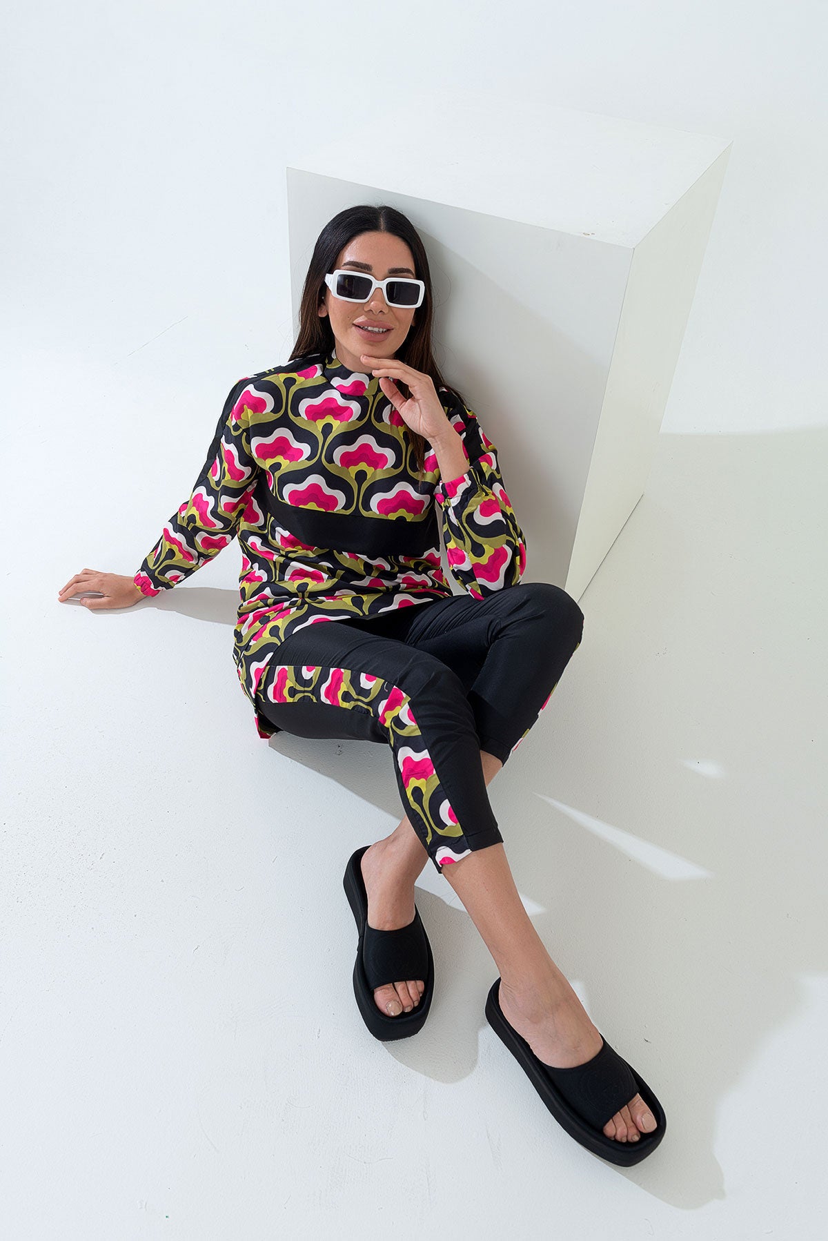 Desenli Tam Kapalı Tesettür Mayo Haşema