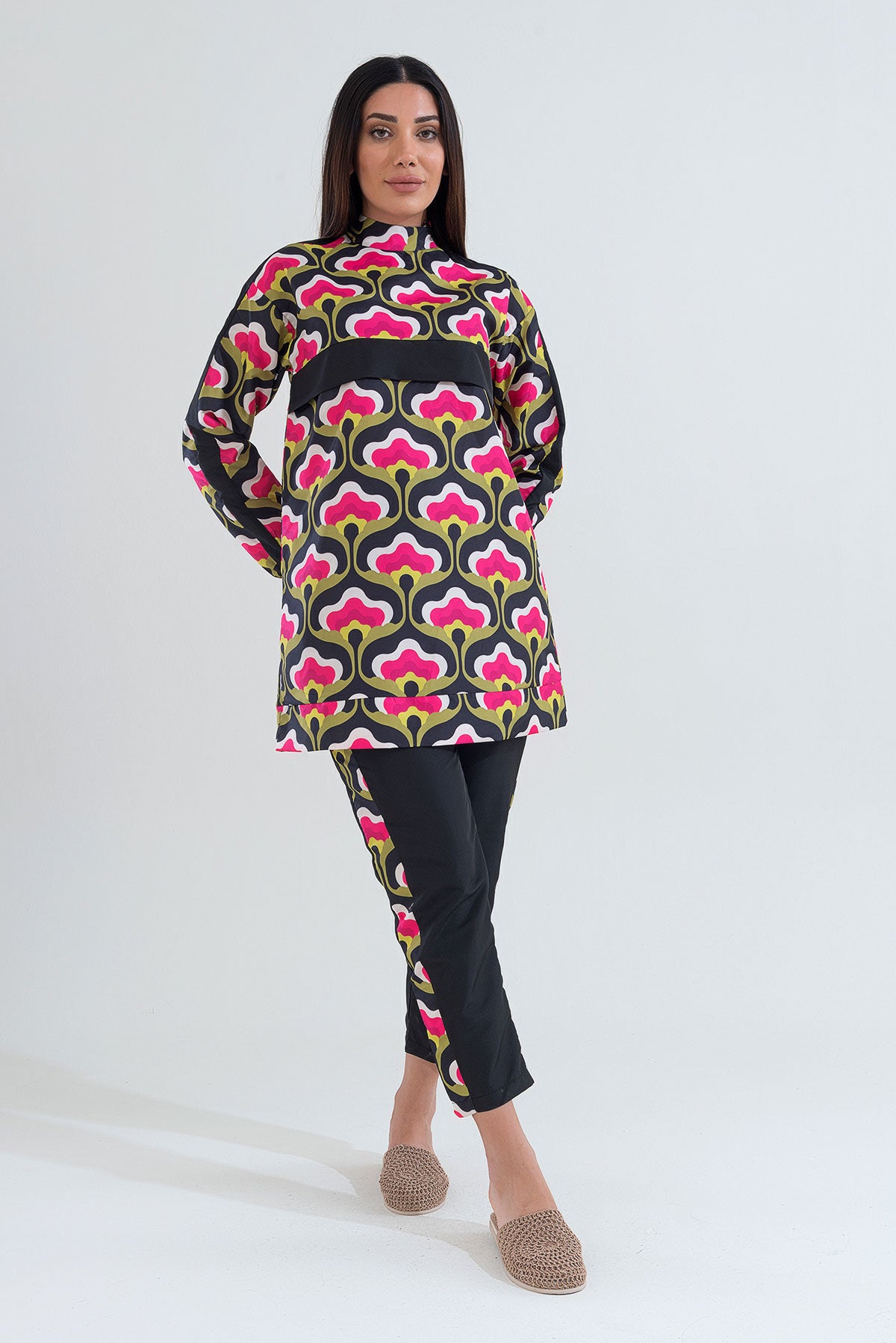 Desenli Tam Kapalı Tesettür Mayo Haşema