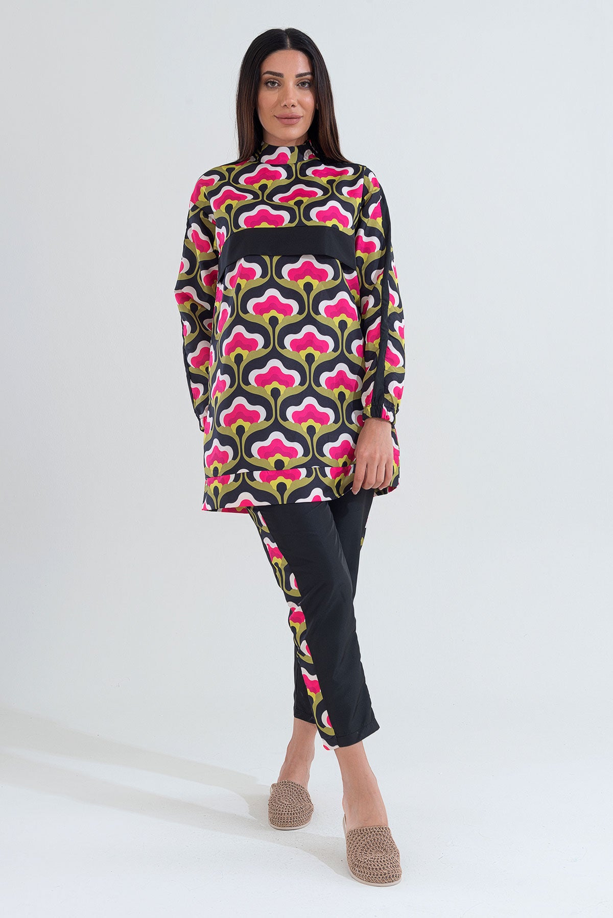 Desenli Tam Kapalı Tesettür Mayo Haşema