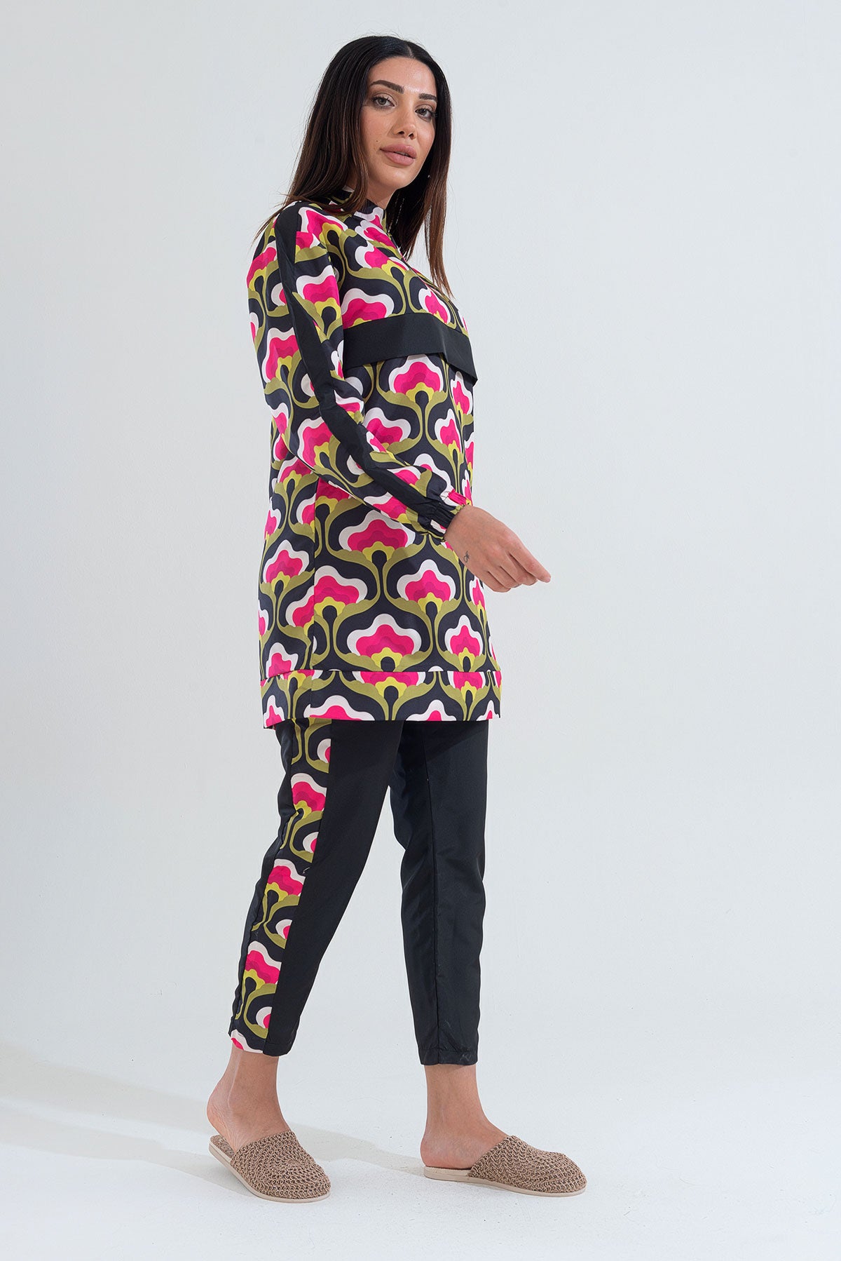 Desenli Tam Kapalı Tesettür Mayo Haşema