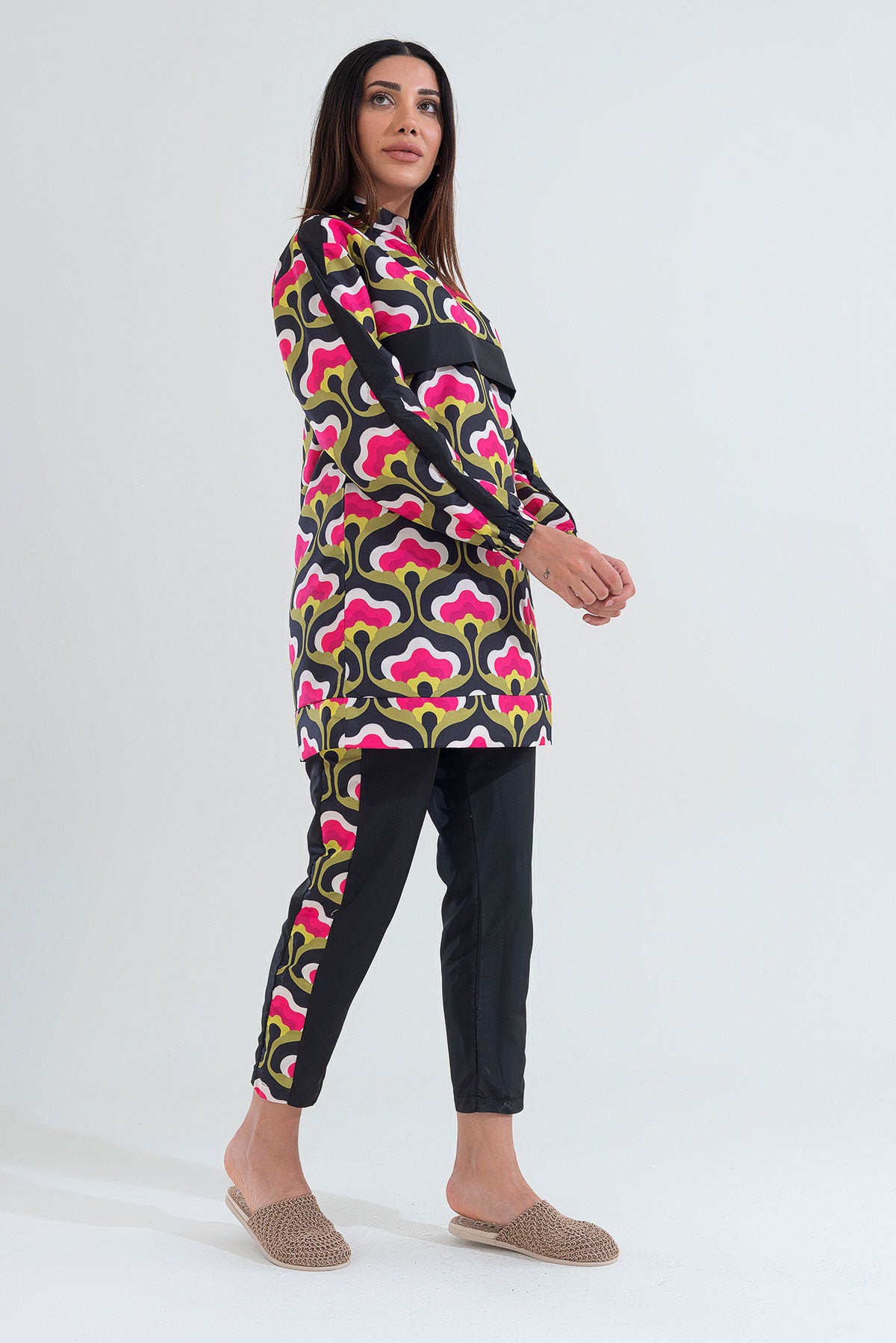 Desenli Tam Kapalı Tesettür Mayo Haşema