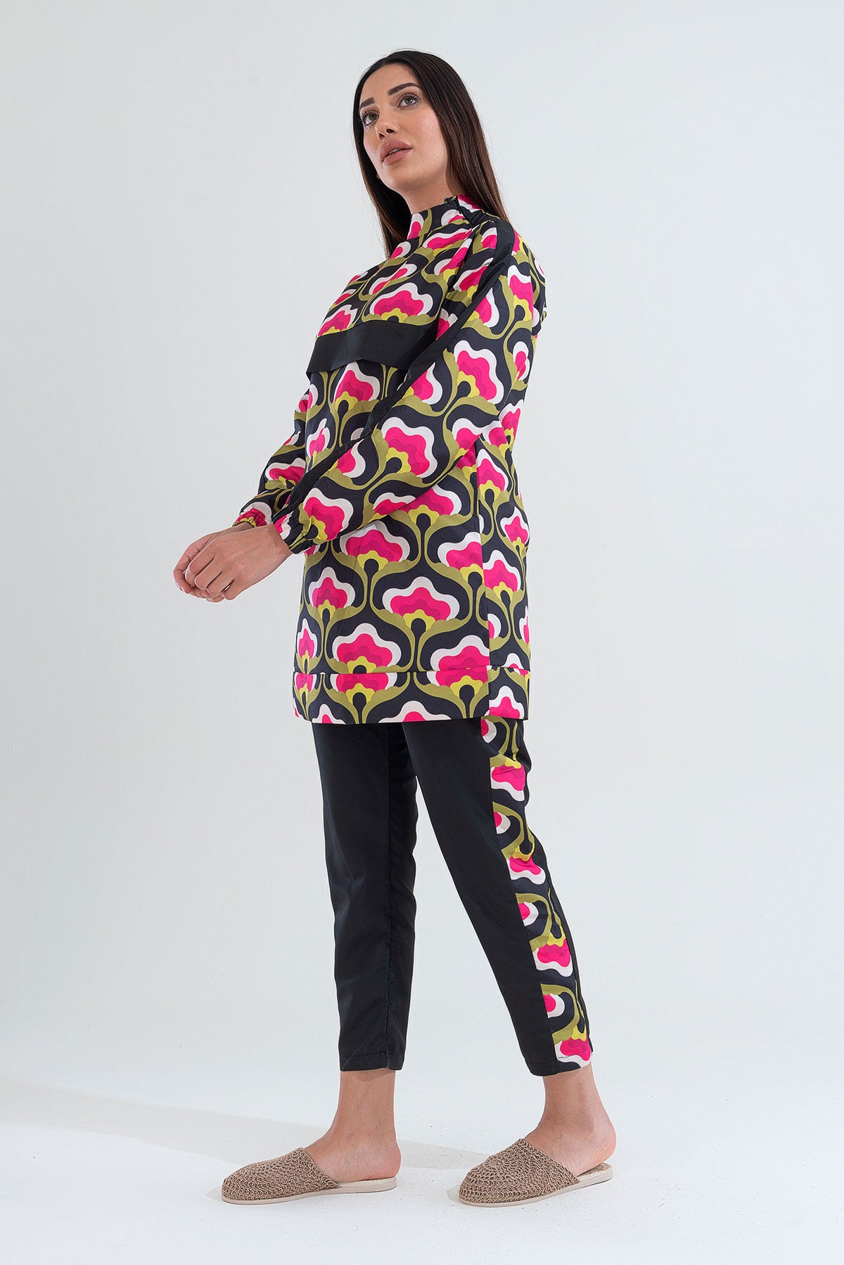 Desenli Tam Kapalı Tesettür Mayo Haşema