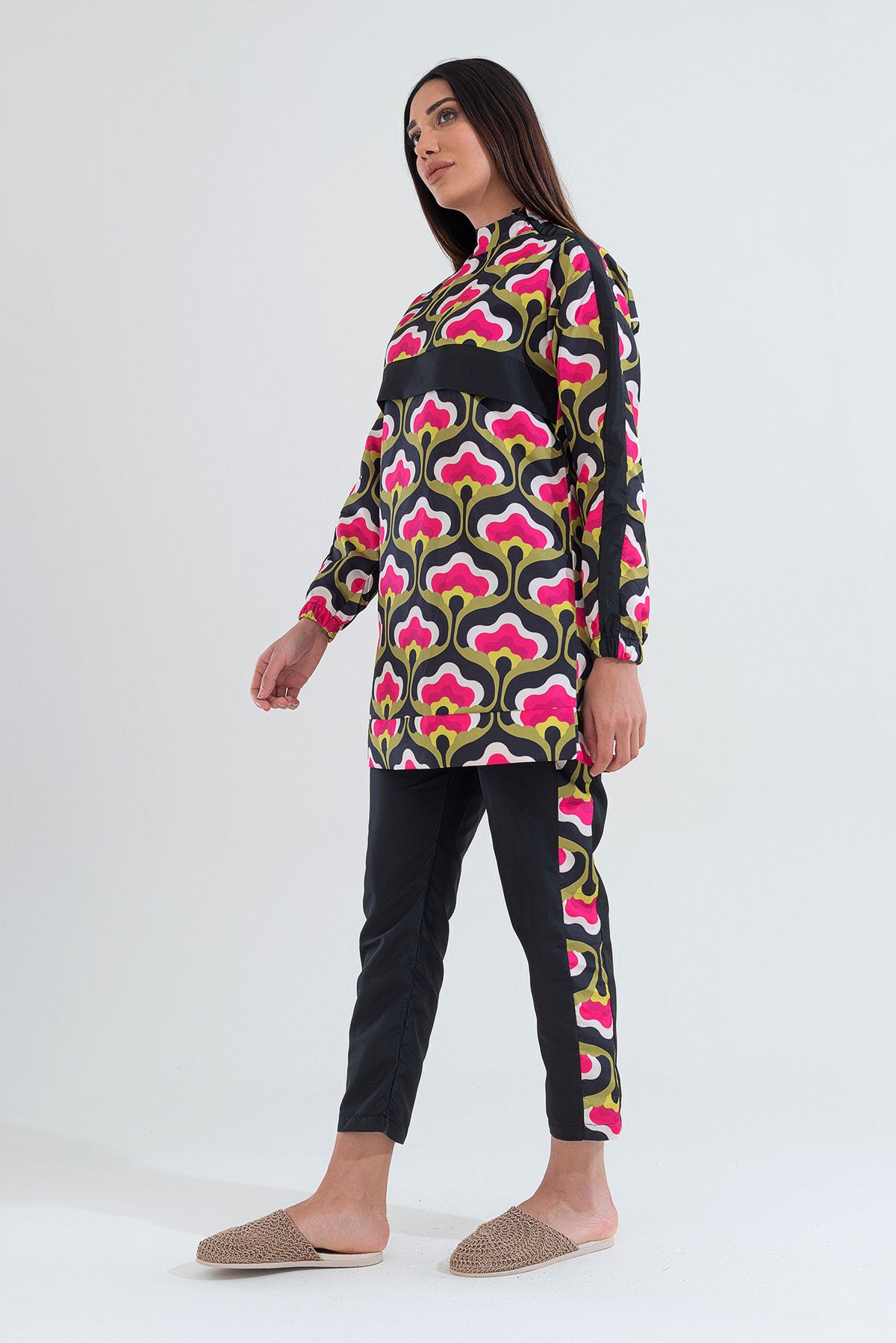 Desenli Tam Kapalı Tesettür Mayo Haşema